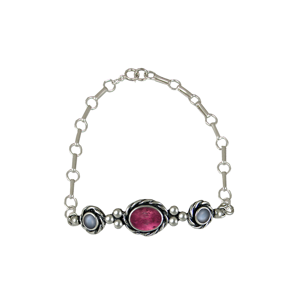Sterling Silver Gemstone Adjustable Chain Bracelet With Pink Tourmaline And Grey Moonstone